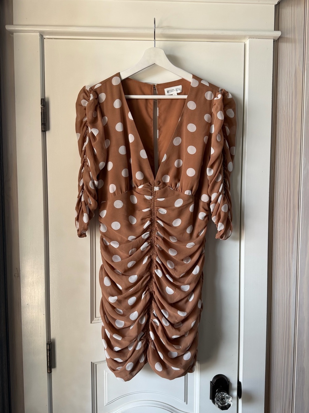 Ruched Polka Dot Midi Dress in Brown